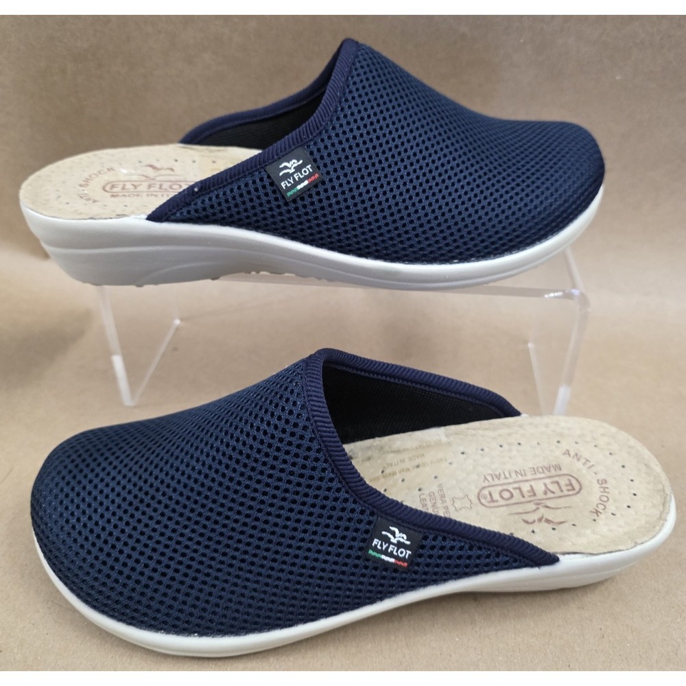 Fly Flot Clogs Womens 7.5 Navy Mesh Mules Leather Comfort Shoes Italy